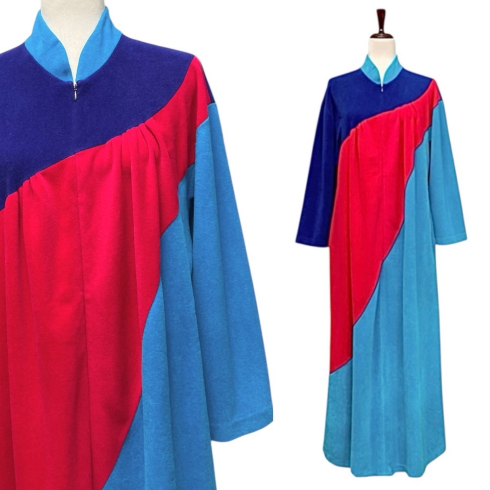 Vanity Fair Vintage 70s Retro Colorblock Half Zip Velour Housecoat Robe Size M